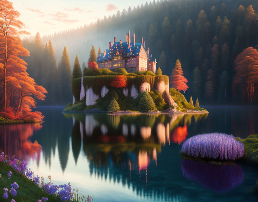Fairytale castle on island in tranquil lake with lush forests at sunset
