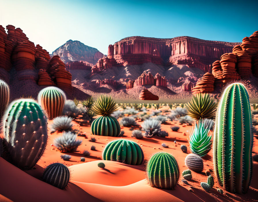 Colorful desert scene with cacti and red rock formations under blue sky