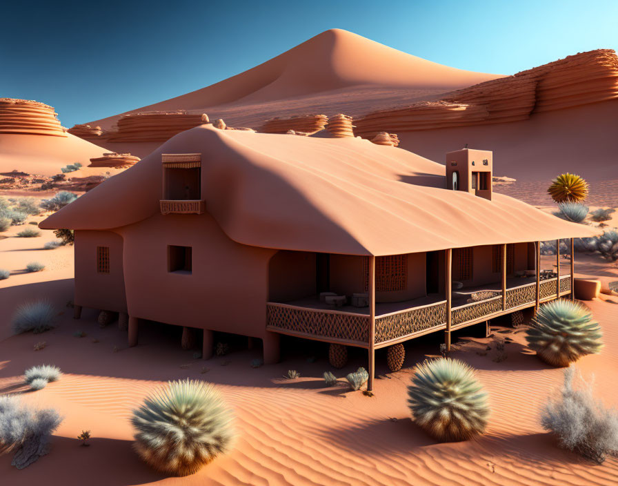 Desert house with patio among sand dunes and sparse vegetation