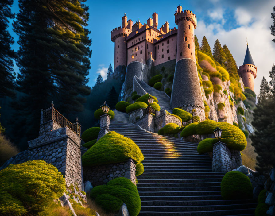 Majestic castle with spires in lush green setting
