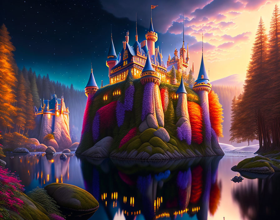 Colorful Fairytale Castle on Island at Twilight Reflecting in River