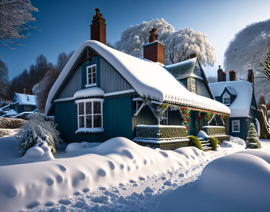 Winter Wonderland: Festive Cottage in Snowy Landscape