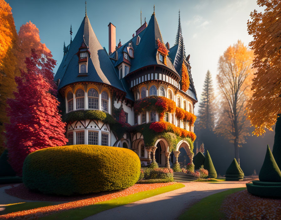 Autumn Mansion Surrounded by Vibrant Foliage and Trimmed Hedges