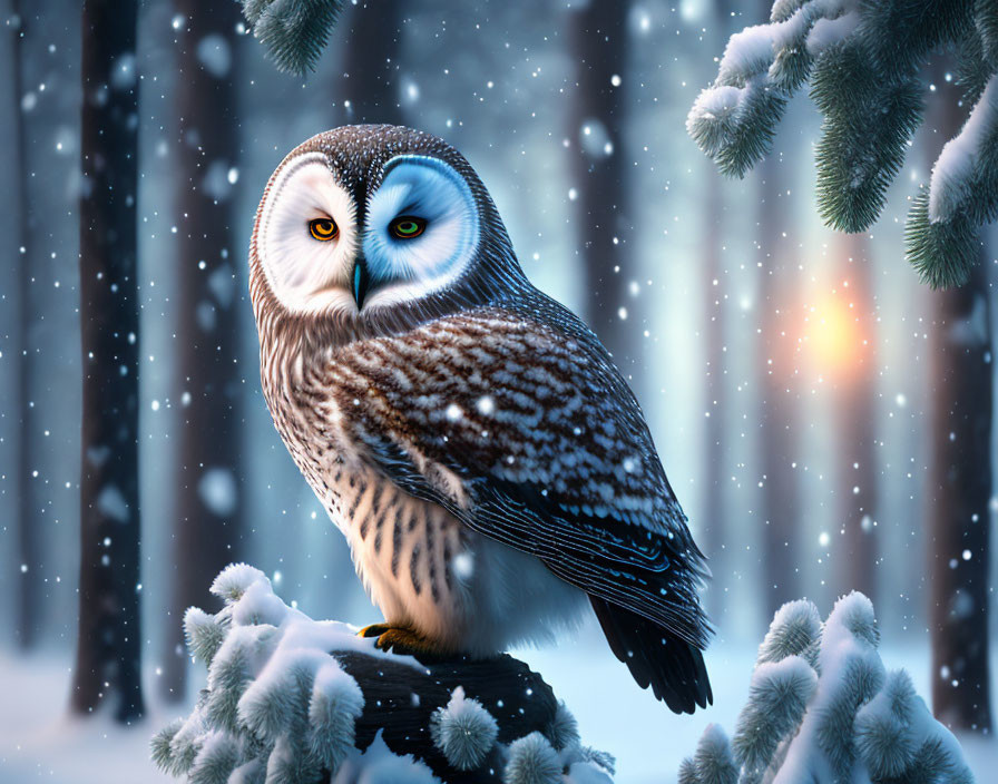 Snowy Owl perched on branch in serene winter forest