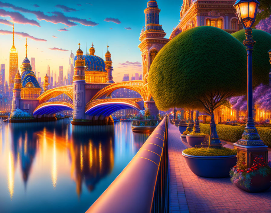 Colorful fantasy cityscape with ornate buildings, bridges, river, and trees