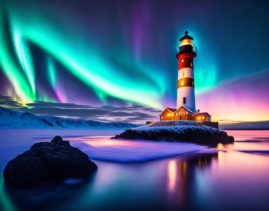 Northern Lights illuminate snow-covered lighthouse by calm waters