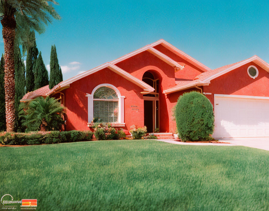 Terracotta-Colored House with Arched Windows and Palm Trees