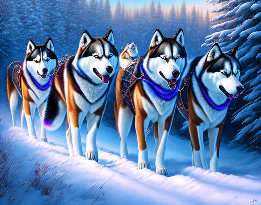 Four Huskies in Snowy Trail with Winter Trees in Bright Tones