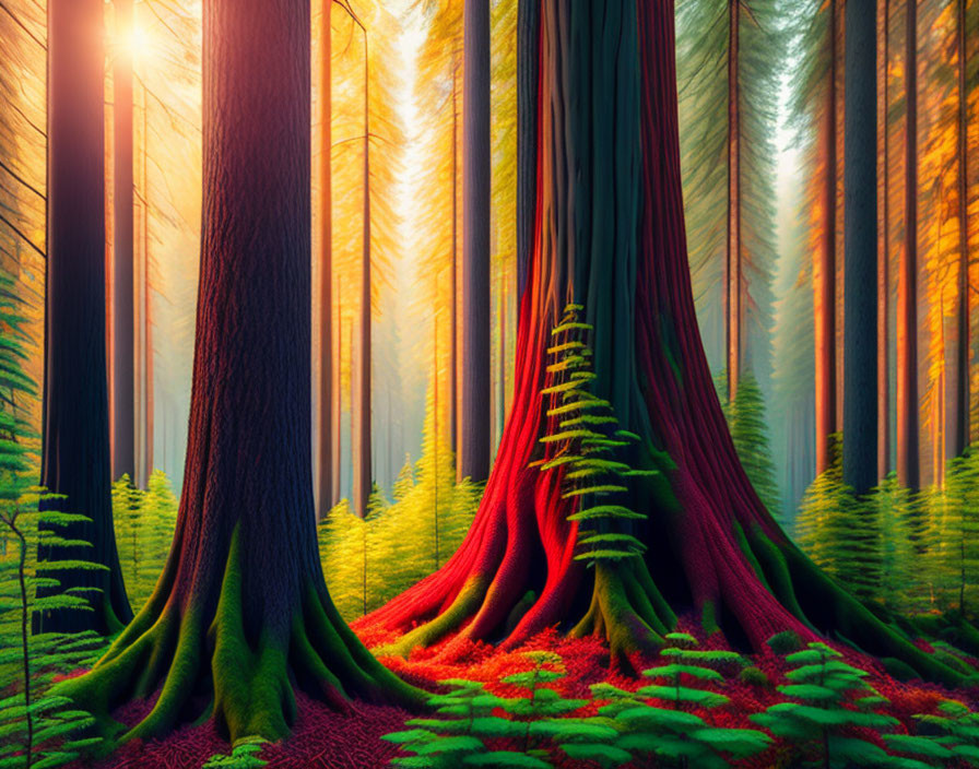 Lush Forest Scene with Sunlight Filtering Through