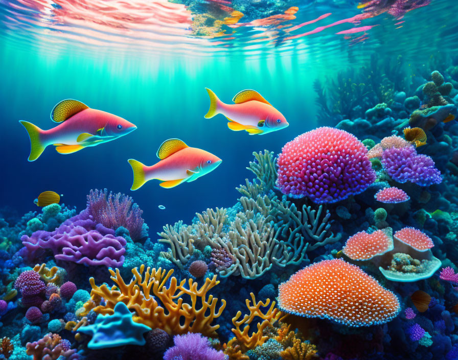 Colorful Fish Swimming Above Diverse Coral Reef in Sunlit Water