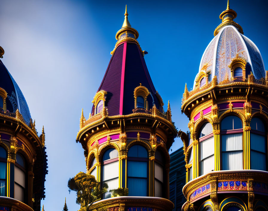 Victorian-style buildings with gold trim and cone roofs under blue sky