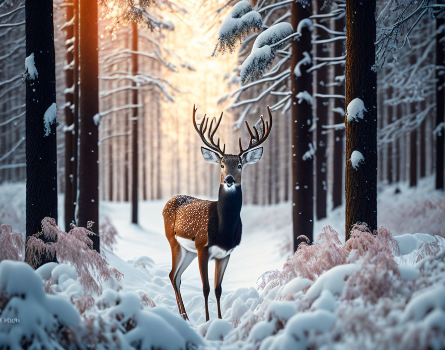 Majestic deer in snowy forest with sunlight and pink frost