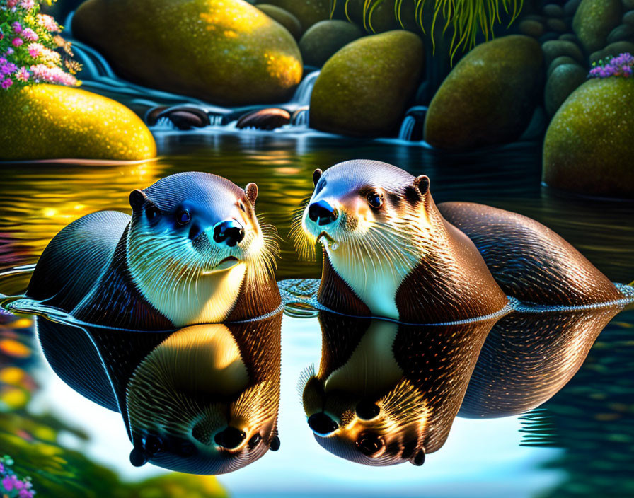 Pair of otters in water with reflections, rocks, and flowers
