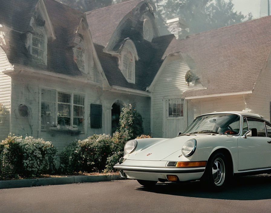 Vintage Porsche parked by charming house in green scenery