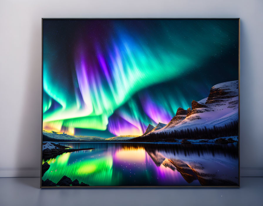 Framed Picture of Aurora Borealis Over Snow-Covered Landscape