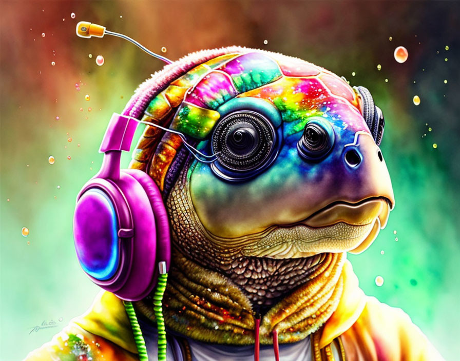 Colorful Turtle with Headphones in Psychedelic Background