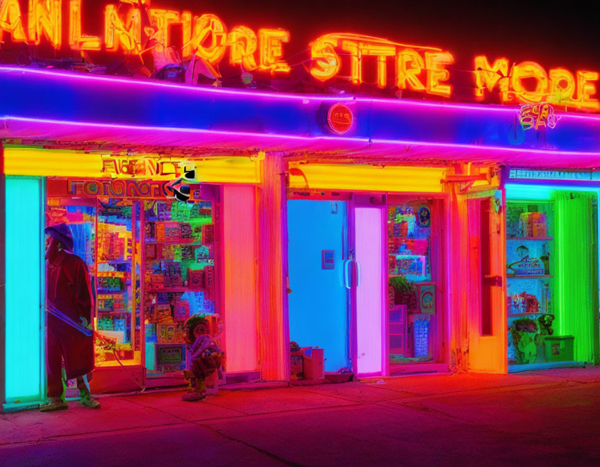 Vibrant neon-lit store facade with person at night