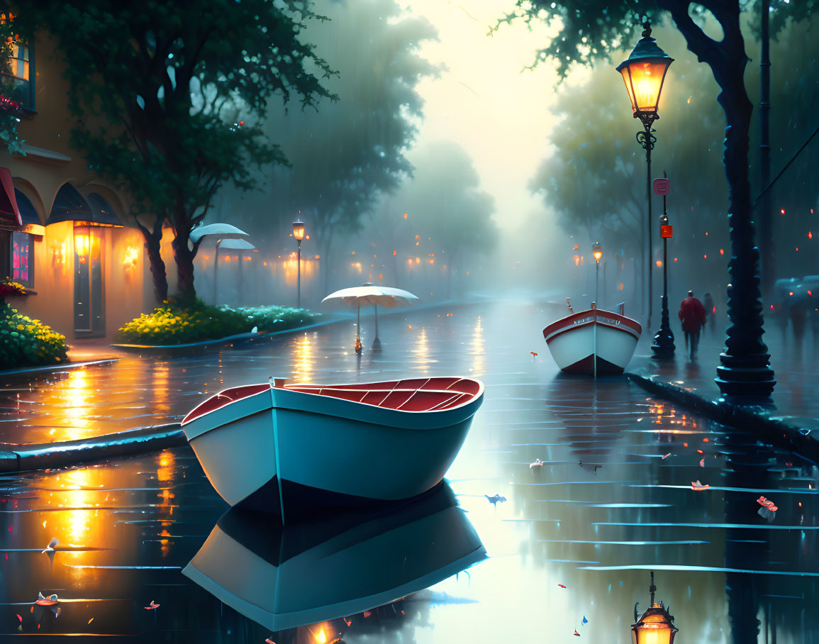 Rainy Dusk Street Scene with Glowing Lamps, Boat, and Umbrella Person
