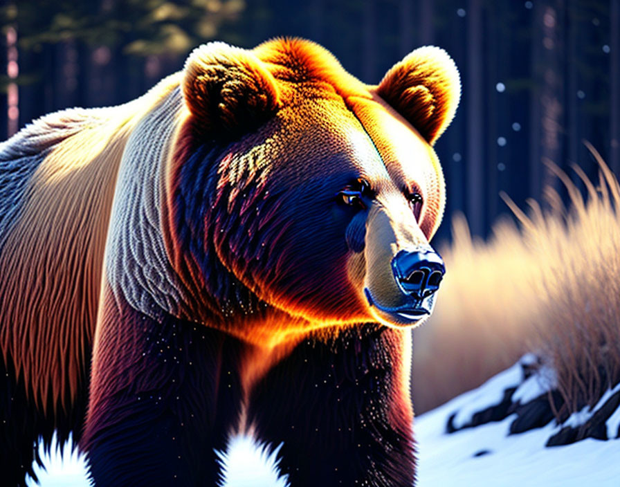 Brown Bear with Glowing Outline in Dark Forest Scene