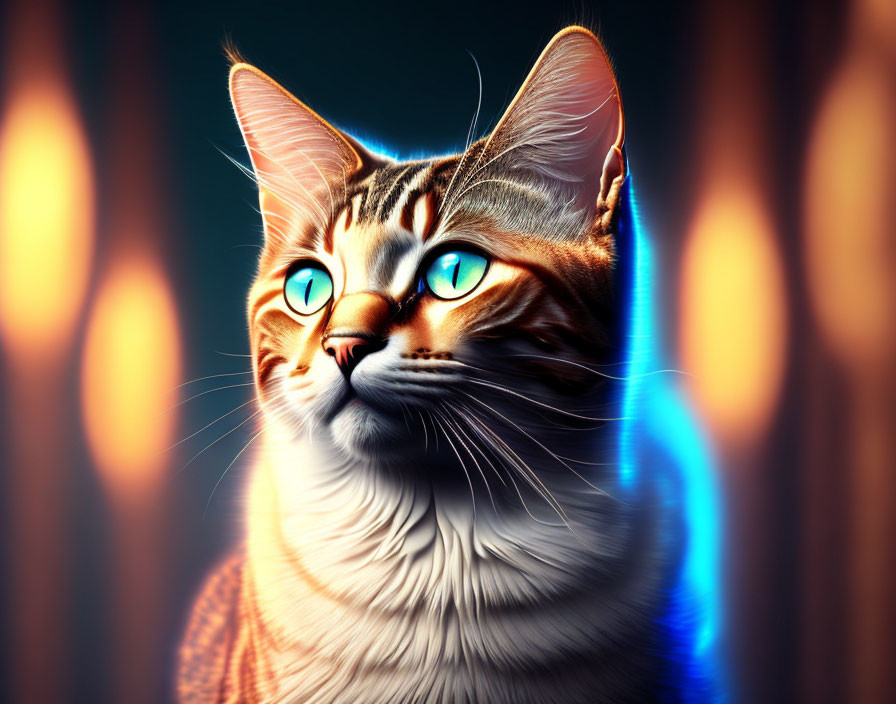 Tabby Cat Close-Up with Striking Blue Eyes on Dark Background