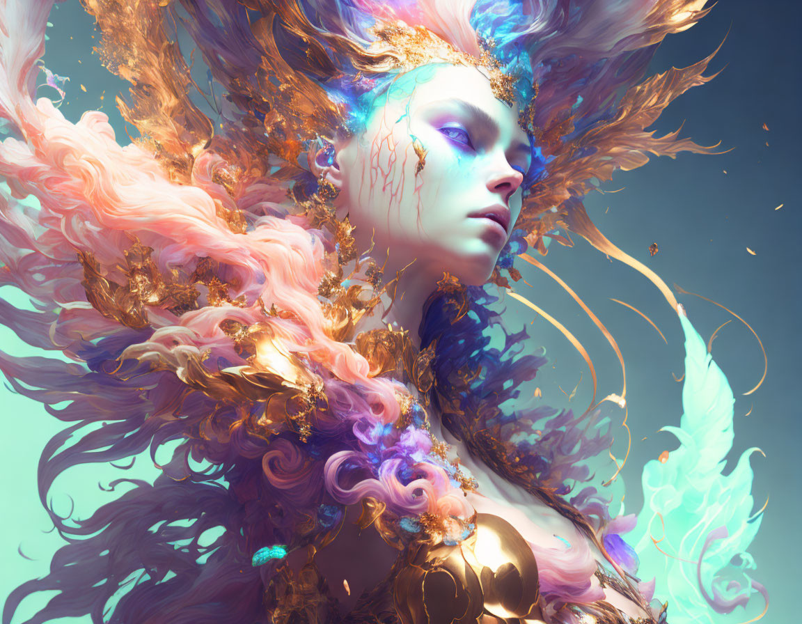 Fantastical female figure with gold headpiece and vibrant pink and blue hair.