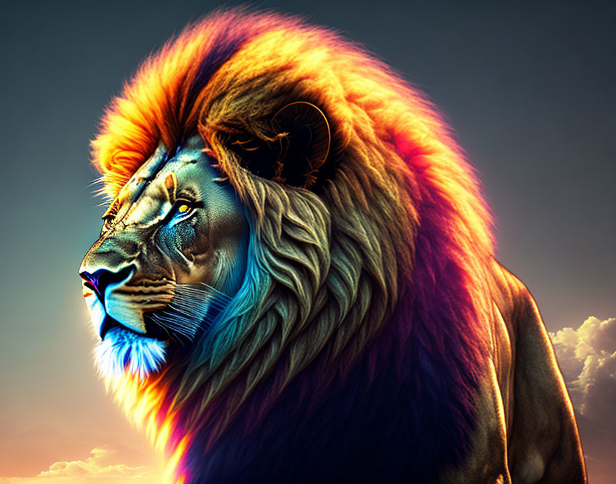 Colorful Lion with Rainbow Mane in Sunset Sky