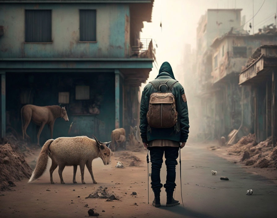 Person with backpack in misty, desolate street with roaming dogs