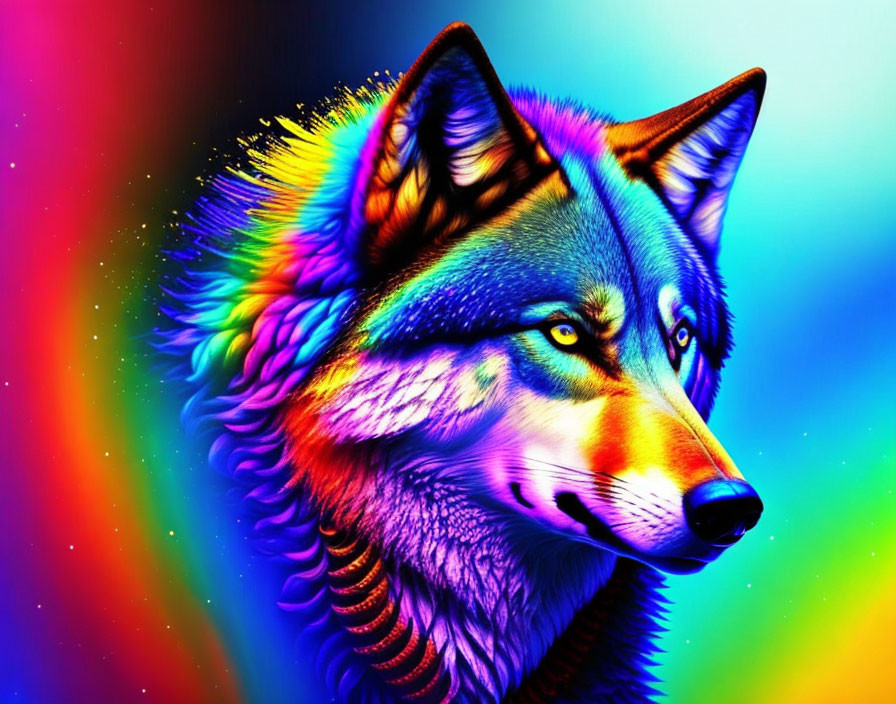Colorful Rainbow Wolf Art Against Vibrant Background