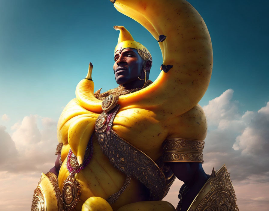 Golden-armored figure with banana-shaped torso in regal headgear against cloudy sky