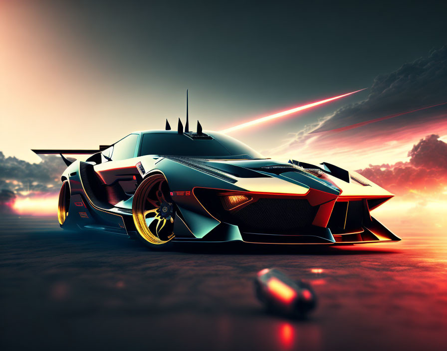 Futuristic sports car with bold design at sunset.