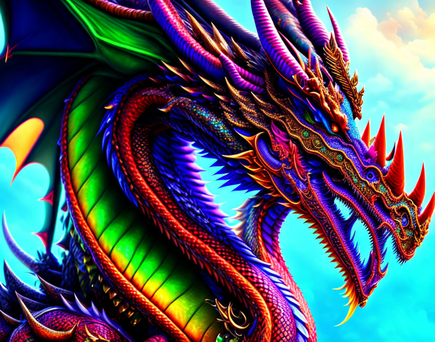 Colorful multi-headed dragon illustration under swirling blue clouds