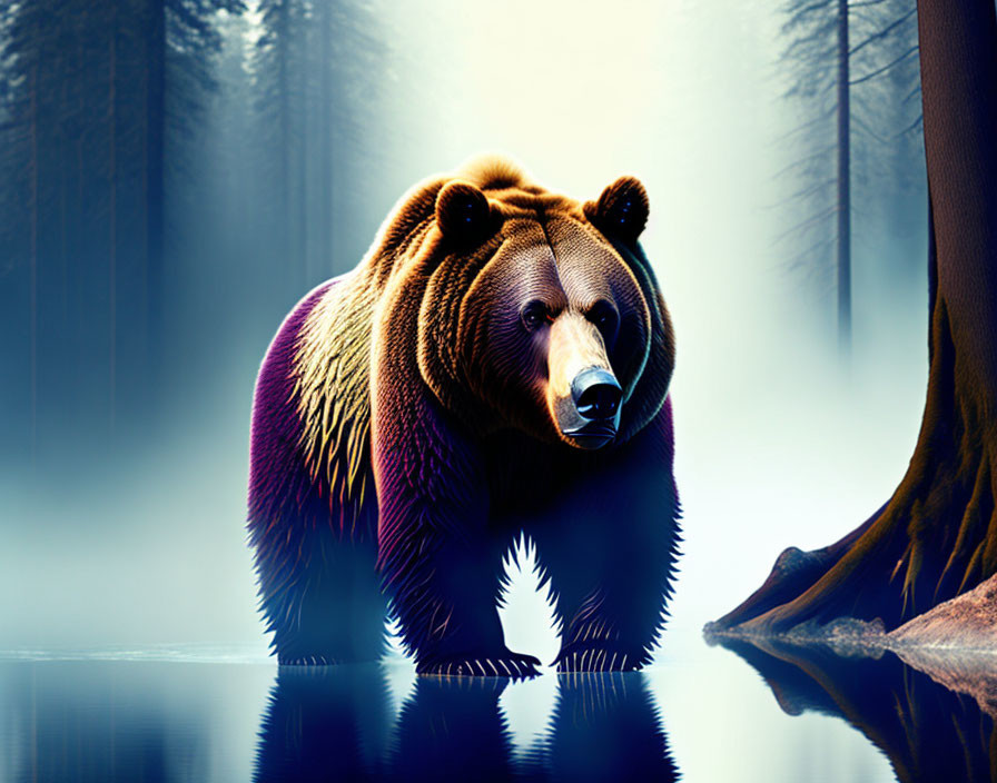 Brown bear by water in misty forest with blue light