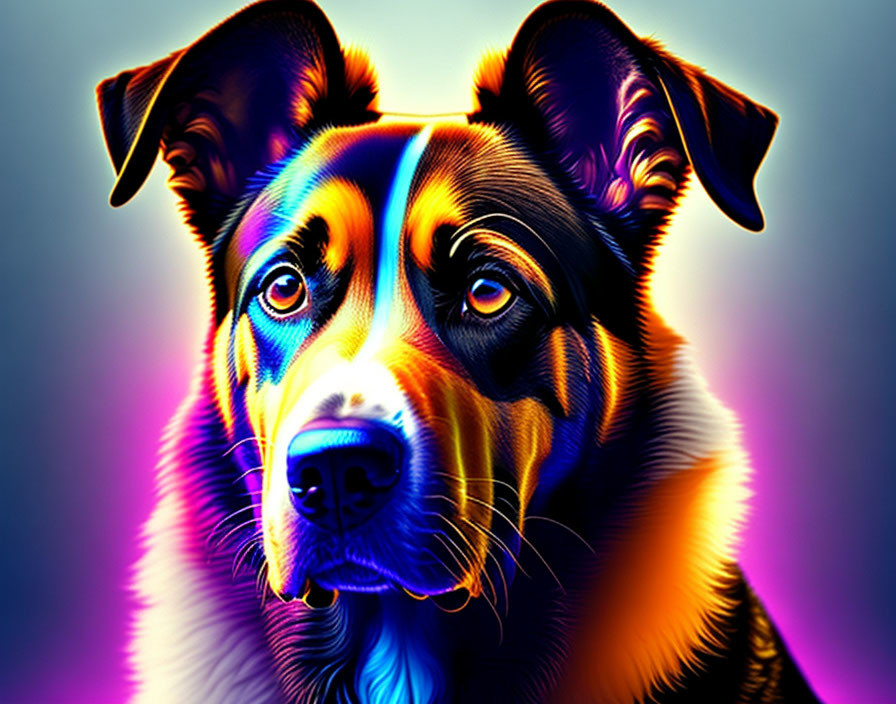 Neon-colored digital artwork featuring a glowing dog on a dark background