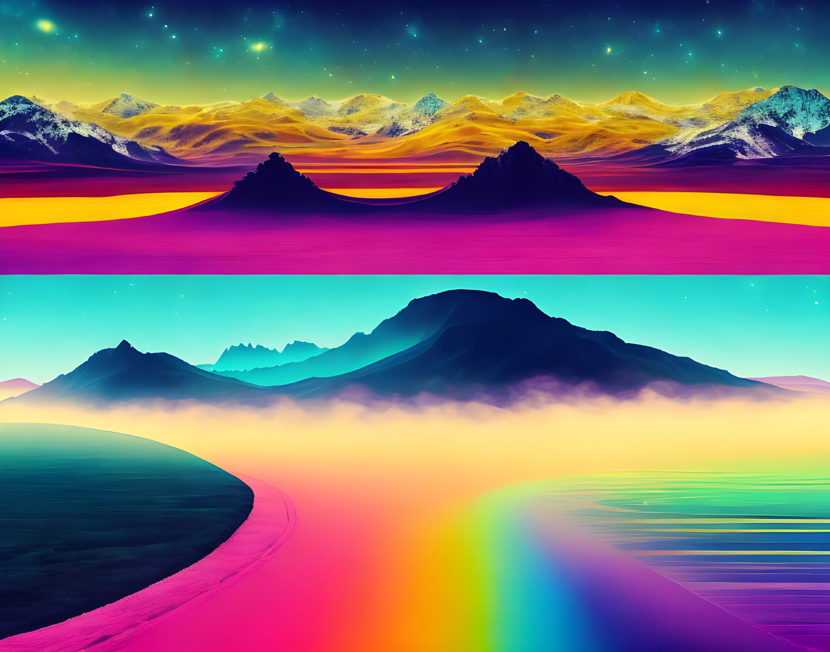 Colorful surreal landscape with rainbow, mountains, and starry sky