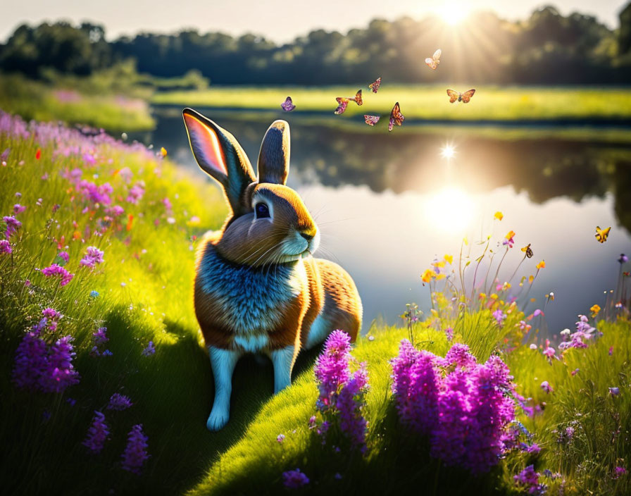 Rabbit in Purple Flower Field by Serene Lakeside