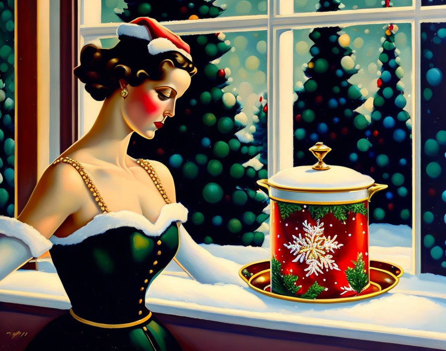 Vintage-style illustration of woman in festive outfit by window with snowflake jar and Christmas tree.