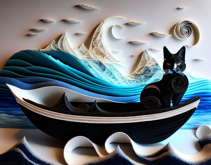 Black Cat in Stylized Boat on Surreal Sea with Crescent Moon