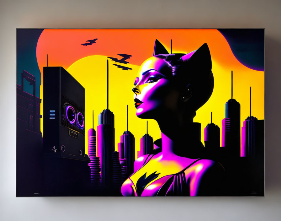 Woman with Cat Ears in City Skyline Art with Retro Boombox and Birds