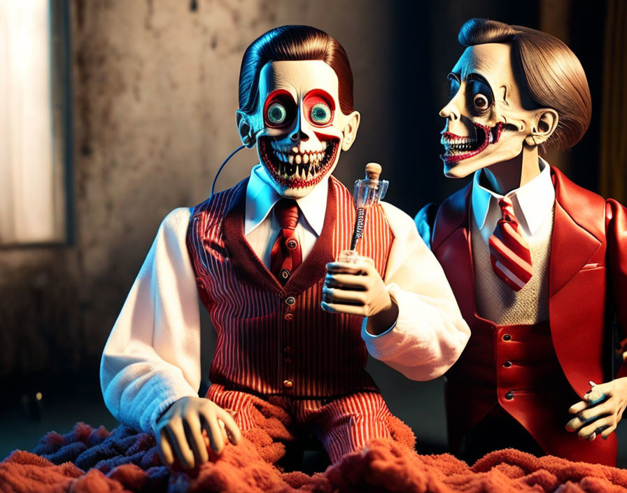 Animated skeletal figures in formal attire sitting with a bottle in eerie setting