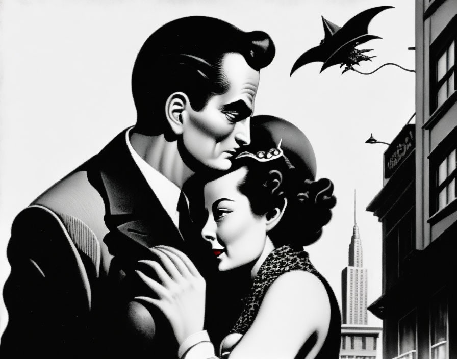 Black and white illustration of romantic couple with Batman symbol in urban setting