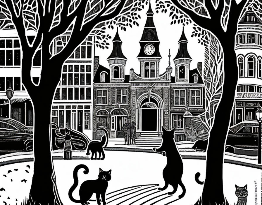 Detailed black and white cityscape with cats and trees illustration