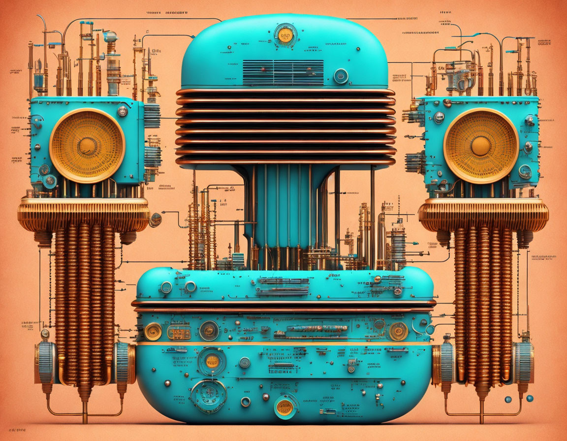 Symmetrical retro-futuristic machine with blue central unit on orange background