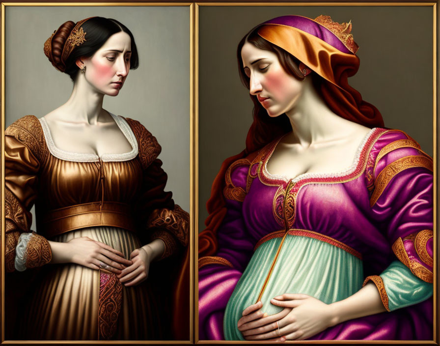 Renaissance portraits of women in gold and purple attire posing with hands on stomachs