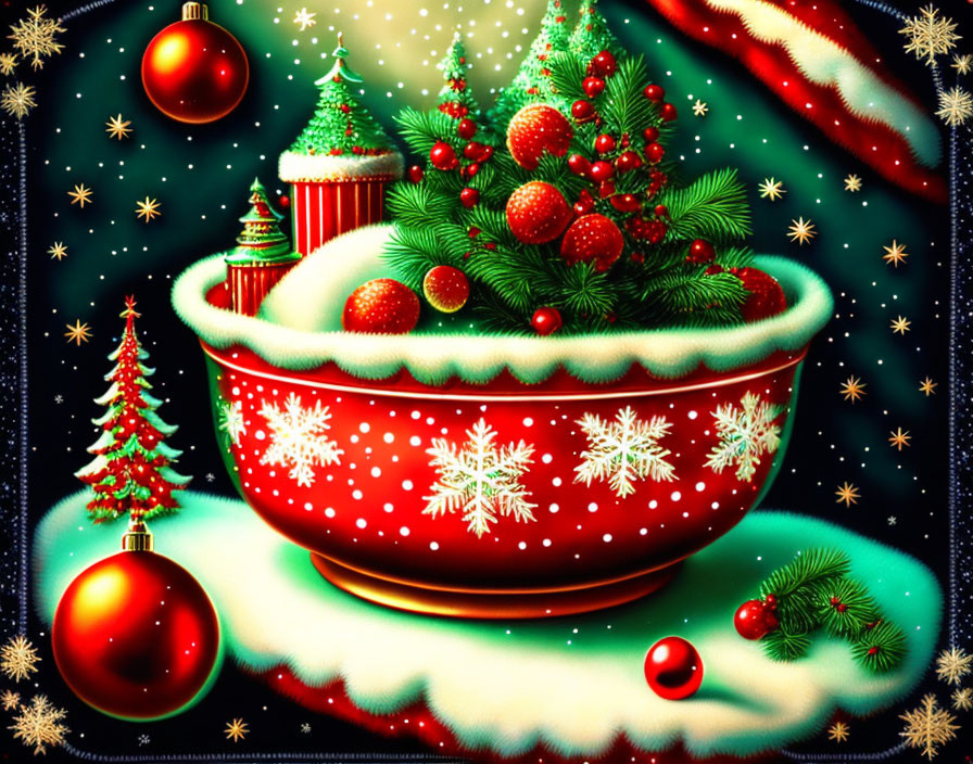Holiday-themed bowl with pine trees, ornaments, red baubles, candy canes, and snow