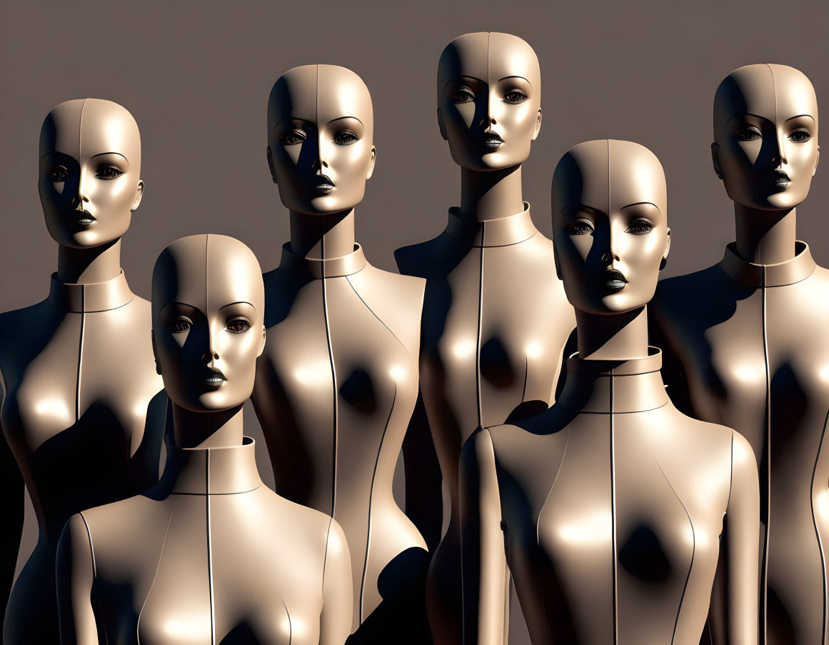 Shiny gold mannequins with humanoid appearance on neutral background