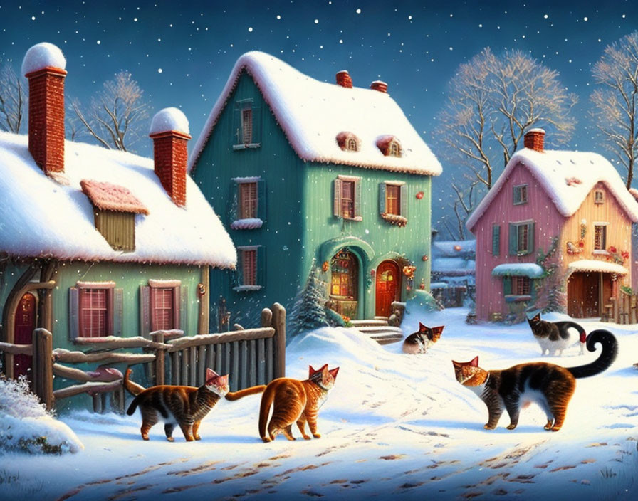 Winter scene: Snow-covered houses, cats on path, warm lights in windows