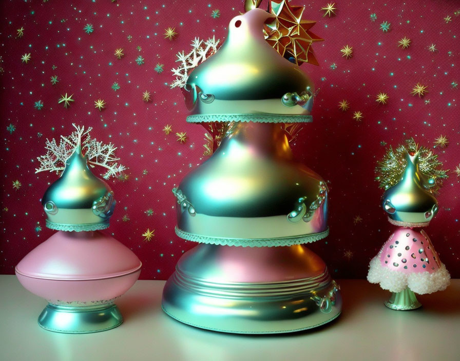Metallic Christmas trees in silver and teal on pink background with gold snowflakes