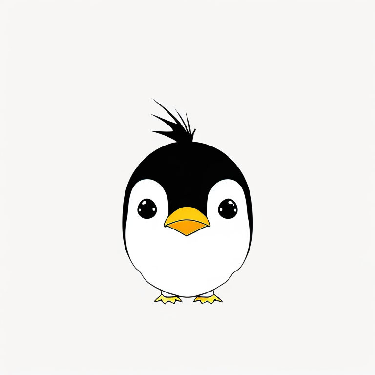 Adorable Cartoon Penguin with Feather Tuft on Head on Plain Background