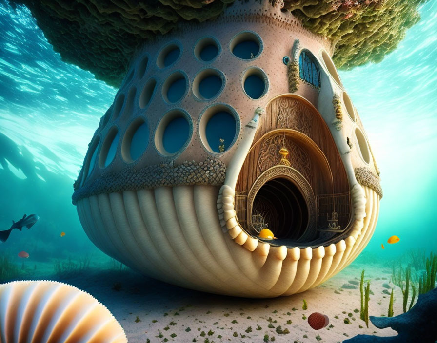 Colorful Underwater Scene with Ornate Shell Structure