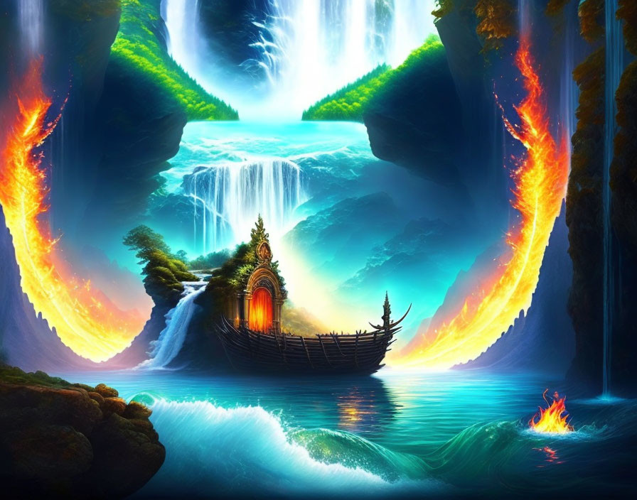 Mystical boat on water with fiery waterfalls, serene lake, lush cliffs, twilight sky